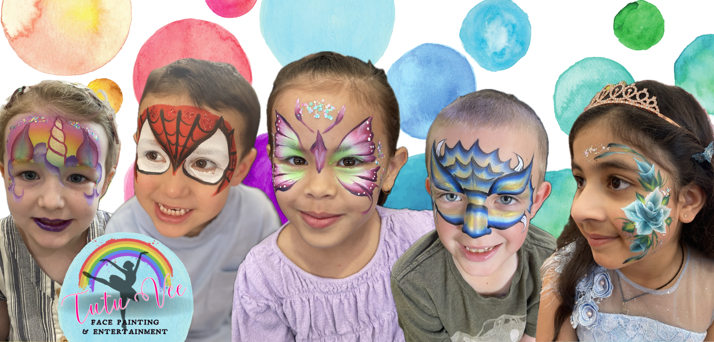 Five children with stunning face paint designs by Tutu Vee Face Painting & Entertainment